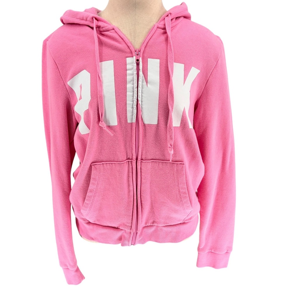 PINK Victoria's Secret Full Zip Hoodie Medium Pink White Logo Graphic Athleisure